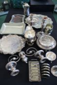 Silver plated ware, to include salver, tureens, candlesticks, muffin dish, sauceboats, cutlery