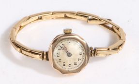 9 carat gold ladies wristwatch, the dial with Arabic numerals and outer minutes track, manual wound,