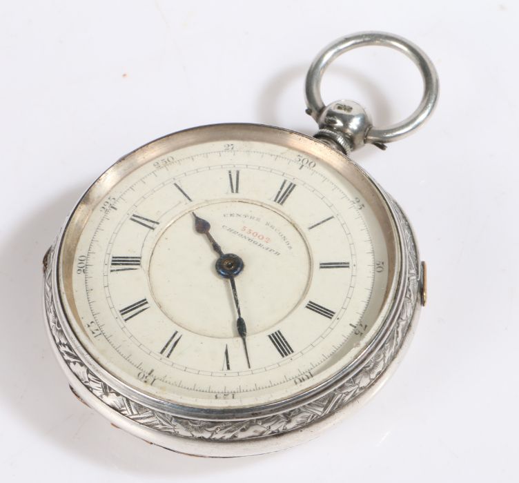 Victorian silver centre seconds chronograph open face pocket watch, the case Chester 1882, maker - Image 2 of 2