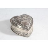 Victorian silver dressing table box and cover, of heart form, the hinged lid with embossed cherub