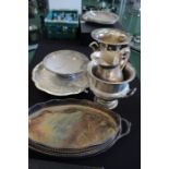 Silver plated ware to include two oval trays with pierced borders, two campagna form wine coolers,