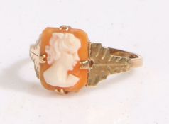 9 carat gold cameo ring, the head set with a rectangular cameo, ring size K weight 1.6 grams