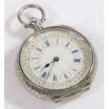 Continental silver open face pocket watch, the white enamel dial with blue Roman numerals, outer