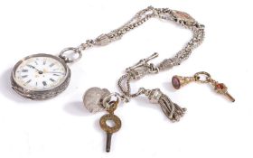 Silver pocket watch and chain, the white dial with Roman numerals and gilt accents together with a