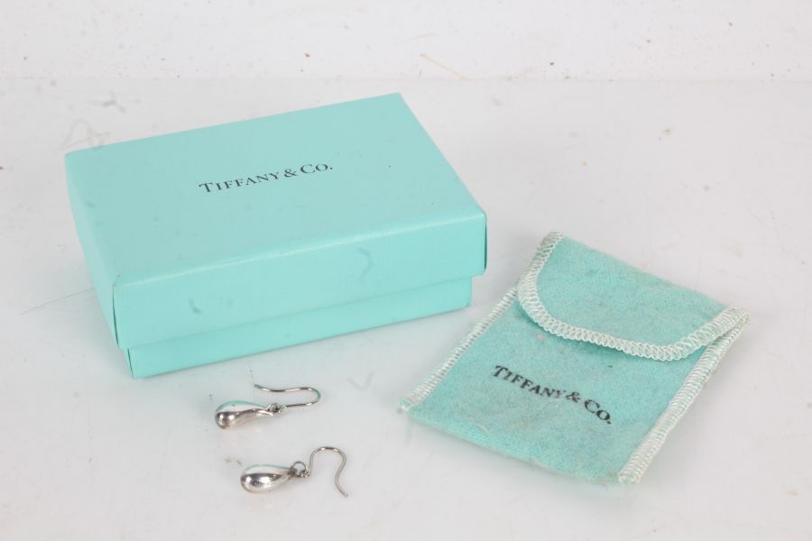 Pair of Tiffany & Co earrings, the drops in the form of pears, housed within a Tiffany & Co bag