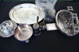 Silver plated ware, to include muffin dish, serving tray, three branch candelabra, chamberstick,