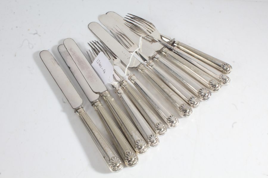 Set of six silver handled table knives, matching set of six silver handled dessert forks, marks