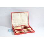 Set of six Edwardian silver bladed tea knives, Sheffield 1909, in red leather case (6)