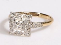 9 carat gold and diamond art deco style ring, the head set with brilliant cut illusion set diamond