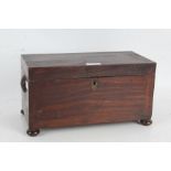 19th century mahogany tea caddy, the rectangular top opening to reveal three compartments, raised on