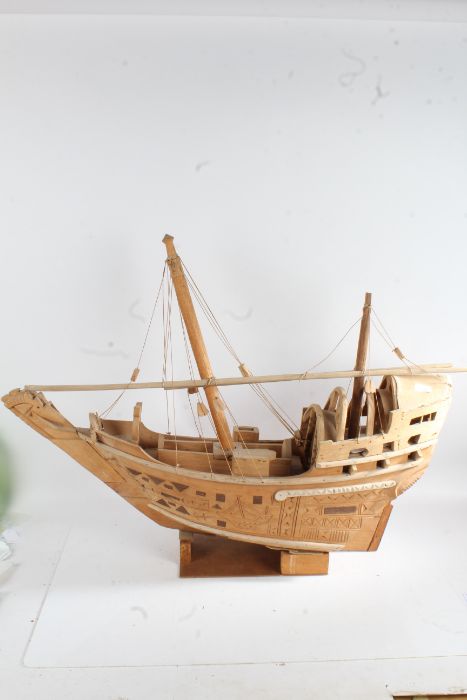 20th century carved wood ship "Baghlah" the ship with two masts and carved decoration to the hull,