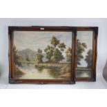 P Wilson pair of 20th century oil on canvasses depicting landscapes with swans in a river signed