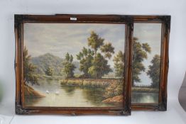 P Wilson pair of 20th century oil on canvasses depicting landscapes with swans in a river signed