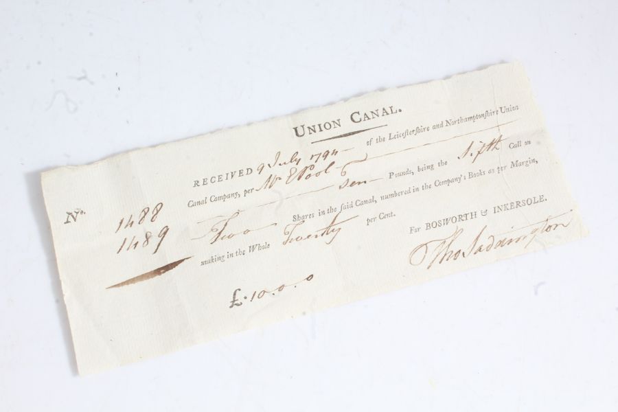 Leicestershire and Northhamptonshire Union Canal Company 1794, certificate for payment for two