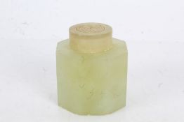 Chinese hardstone octagonal box and cover, in celadon with fruits and character marks, 6cm high