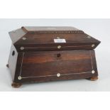 Victorian rosewood and mother of pearl inlaid jewellery box, the hinged top above an angled base