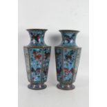 Pair of Chinese cloisonne vases, with waisted necks above tapering hexagonal bodies, the light