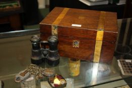 Victorian mahogany and brass bound writing slope together with a pair of Dollond binoculars,