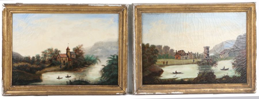 Pair of 19th Century Folk Art oil paintings, French, both showing river scenes and buildings with
