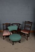 Victorian upholstered and ebonised nursing chair together with a mahogany chair, tub chair and a