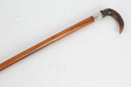 19th Century horn handled walking stick, possibly Rhinoceros horn, the arched horn handle above a