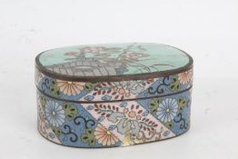 Cloisonne pot and cover, of oval form, the lid with turquoise ground and foliate decoration, the