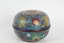 Chinese cloisonne pot and cover, the blue ground with scroll and foliate decoration, 14cm diameter