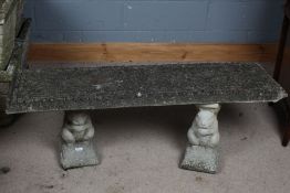 20th century concrete stone effect bench, with a rectangular top with a gardrooned border above a