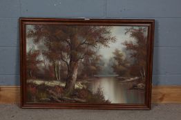 20th century oil on canvass, depicting trees by a river, Signed Caffer lower left, housed within a