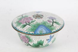 Chinese cloisonne pot and cover, the white ground with bird and foliate decoration, 15.5cm diameter