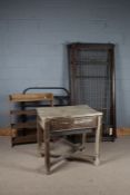 Victorian Cast iron single bed together with a work bench with a mangle and a set of oak floor