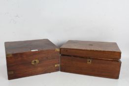 19th century mahogany and brass bound writing box, the rectangular top set with a brass cartouche