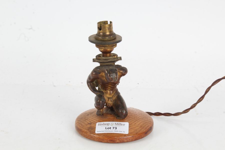 Bronzed lamp depicting Atlas set on a wooden base, 13cm high