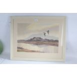 Arthur Gee 20th century watercolour depicting two ducks flying over a lake, signed lower left housed