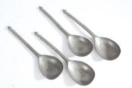 Four pewter spoons, with twisted stems, touch marks to back of bowl, (4)