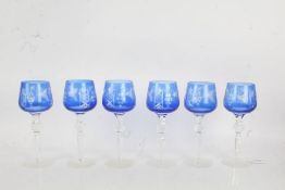 Set of six Bohemian style blue flash hock glasses, 21cm tall (6)