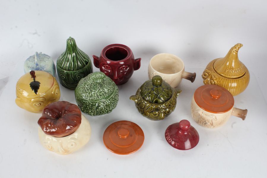 Collection of novelty ceramic preserve jars, with lids