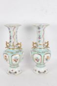 Pair of tall continental porcelain vases, with slender tapering necks, gilded carrying handle either