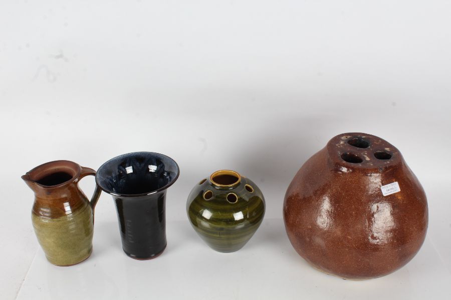 Four items of studio pottery, to include a large brown glazed baluster vase, Brixham Pottery green