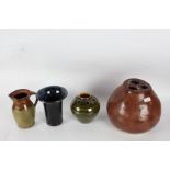 Four items of studio pottery, to include a large brown glazed baluster vase, Brixham Pottery green