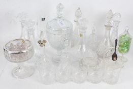 Collection of glass ware, to include various decanters, pair of commemorative champagne flutes,