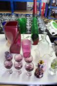 Collection of various coloured glass, to include vases, set of six amethyst glasses, owl