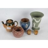 Small Royal Doulton stoneware teapot, together with a Royal Doulton blue glazed pot, a Doulton