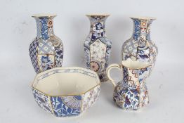 Pair of Mason's 'Applique' vases with matching bowl, a single vase and a jug, (5)