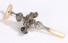 Edwardian silver and mother of pearl babies rattle, Birmingham 1902, maker Crisford & Norris Ltd.