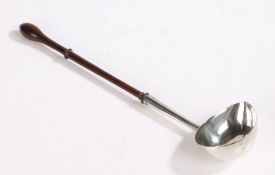 George II silver toddy ladle, London 1754, makers mark rubbed, the oval bowl tapering to a spout,