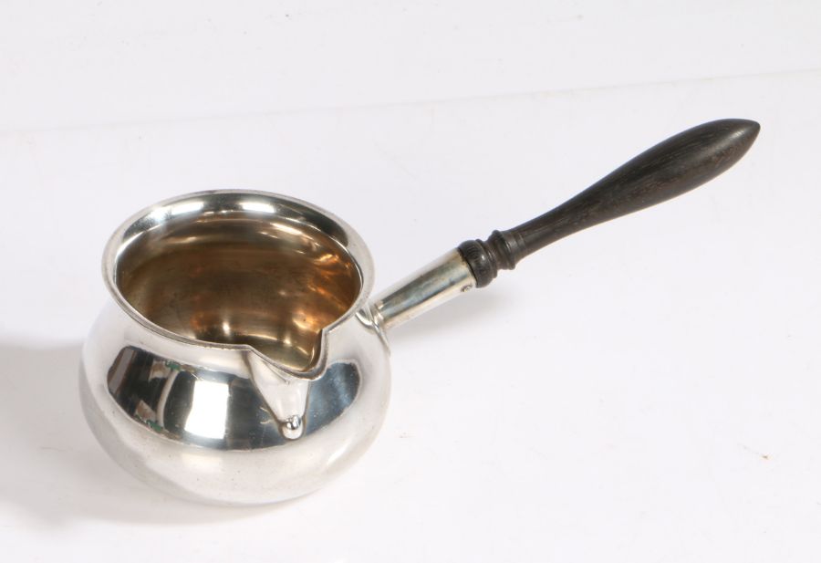 Edward VII silver brandy warming pan, Sheffield 1905, maker Henry Stratford Ltd, with turned