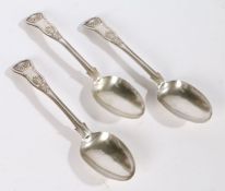 Three Victorian silver tablespoons, London 1865, makers marks rubbed, the kings pattern handles