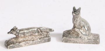 Pair of Edward VII silver menu card holders modelled as foxes, London 1909, maker Garrard & Co