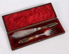A late Victorian silver plated and horn handled fish service set, with silver ferrule and fish